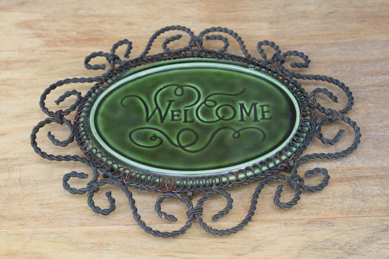 photo of Welcome sign for porch or entry door gate, vintage green glazed tile w/ twisted wire frame #1