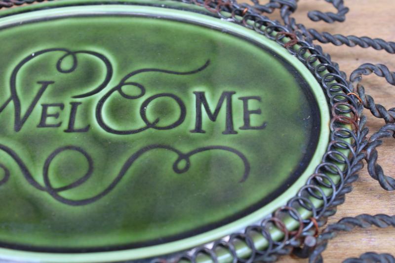 photo of Welcome sign for porch or entry door gate, vintage green glazed tile w/ twisted wire frame #3