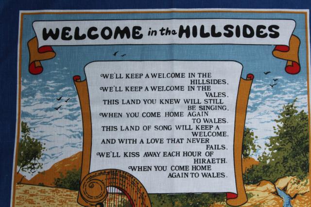 photo of We'll Keep a Welcome in the Hillsides, Welsh song tea towel, vintage souvenir of Wales #2