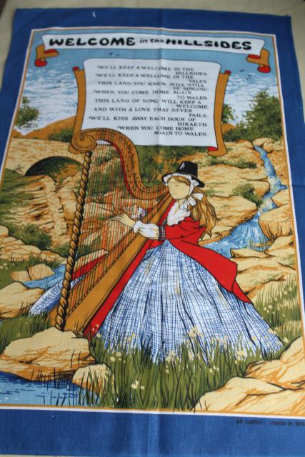 photo of We'll Keep a Welcome in the Hillsides, Welsh song tea towel, vintage souvenir of Wales #8