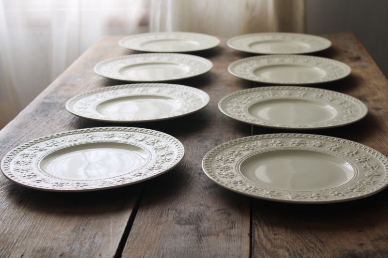 photo of Wellesley Wedgwood vintage china dinner plates set of 8, plain creamware embossed fruit border #1