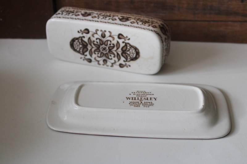 photo of Wellesley brown transferware china covered butter dish, vintage England Wood & Sons  #3