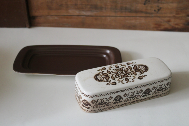 photo of Wellesley brown transferware china covered butter dish, vintage England Wood & Sons  #6