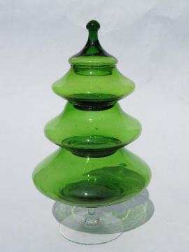 catalog photo of West Virginia  blown glass  Christmas tree stacking candy dish in green 