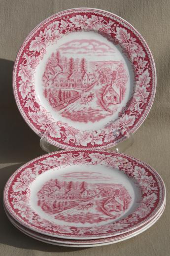 photo of Western Farmer's Home vintage Currier & Ives red transferware Homer Laughlin china plates #2