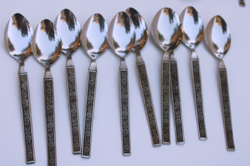 photo of Western Rose pattern vintage Japan stainless flatware set 10 salad forks, soup & tea spoons  #3