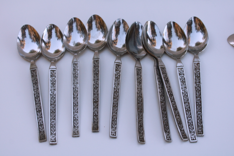 photo of Western Rose pattern vintage Japan stainless flatware set 10 salad forks, soup & tea spoons  #5