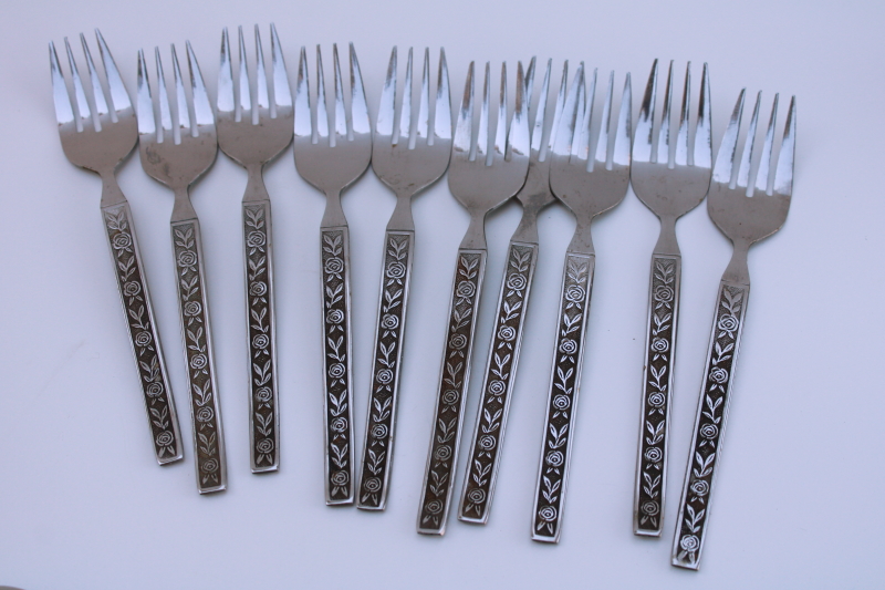 photo of Western Rose pattern vintage Japan stainless flatware set 10 salad forks, soup & tea spoons  #7