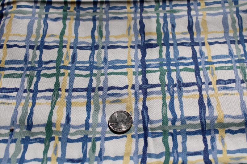 photo of Western textiles vintage decorator cotton fabric, basketweave print in blue, sage, yellow #1