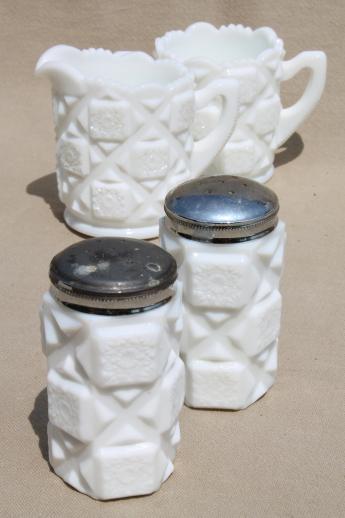 photo of Westmoreland Old Quilt milk glass cream & sugar, salt & pepper shakers #1