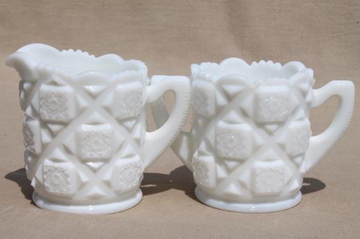 photo of Westmoreland Old Quilt milk glass cream & sugar, salt & pepper shakers #2