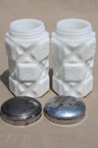 photo of Westmoreland Old Quilt milk glass cream & sugar, salt & pepper shakers #6