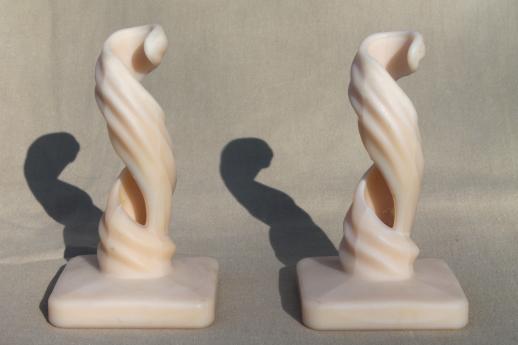 photo of Westmoreland glass spiral twist lotus pattern candle holders, blush almond mist satin glass #2