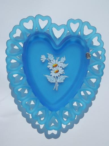 photo of Westmoreland hand-painted blue satin glass heart lace edge plate #1