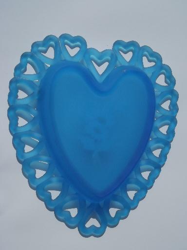 photo of Westmoreland hand-painted blue satin glass heart lace edge plate #2