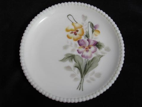 photo of Westmoreland hand-painted plates, bird and pansies, beaded edge milk glass #2