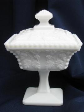 catalog photo of Westmoreland paneled grape square box candy dish, vintage grapes milk glass