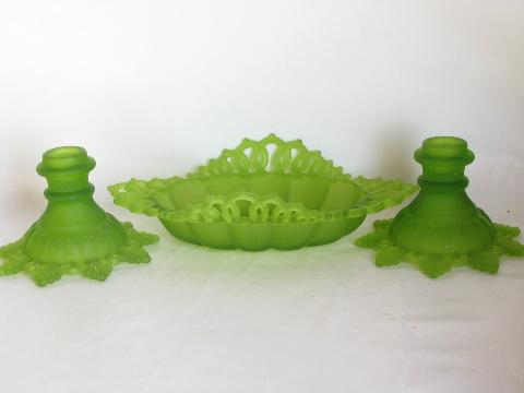 photo of Westmoreland ring and petal pattern console bowl & candle sticks, green mist #1