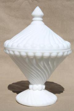 catalog photo of Westmoreland swirl & ball pattern glass candy dish, vintage milk glass