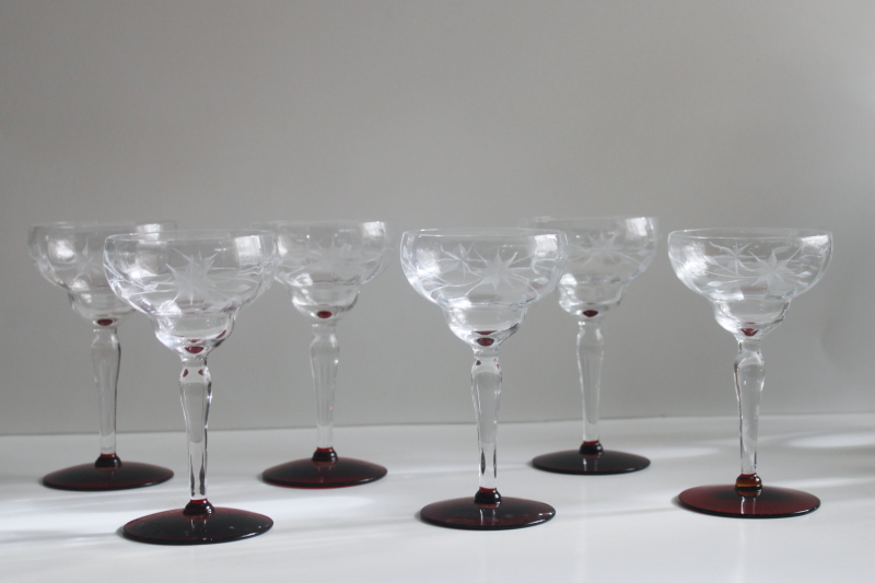 photo of Weston ruby foot clear glass cocktail glasses, deco vintage stemware star flower etch  #1