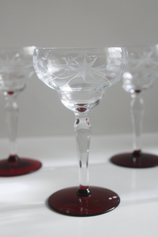 photo of Weston ruby foot clear glass cocktail glasses, deco vintage stemware star flower etch  #2