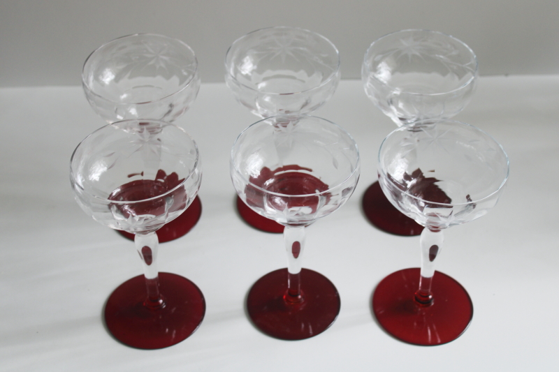 photo of Weston ruby foot clear glass cocktail glasses, deco vintage stemware star flower etch  #3