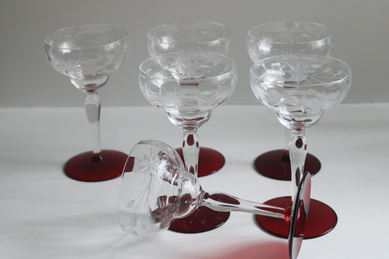 photo of Weston ruby foot clear glass cocktail glasses, deco vintage stemware star flower etch  #4