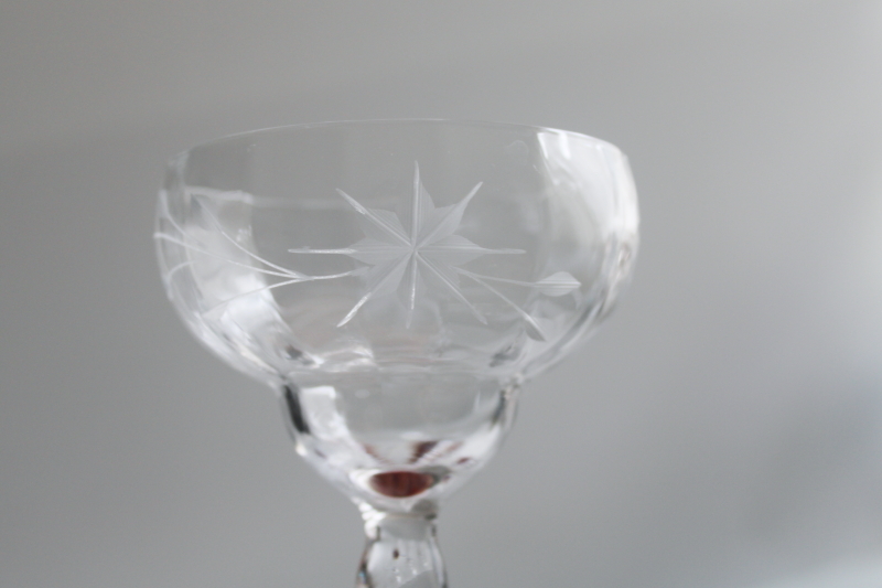 photo of Weston ruby foot clear glass cocktail glasses, deco vintage stemware star flower etch  #5