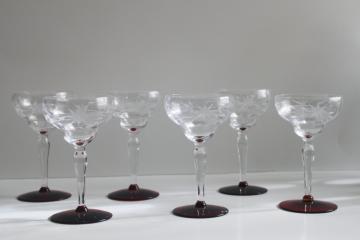 catalog photo of Weston ruby foot clear glass cocktail glasses, deco vintage stemware star flower etch 