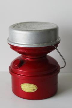catalog photo of Wham-o Hotspot heater, flameless camp stove red metal white gas burner, vintage camping equipment 