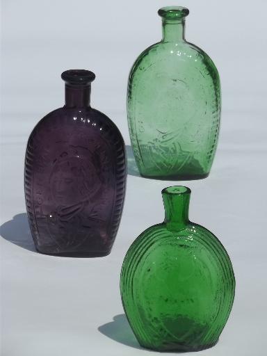 photo of Wheaton vintage antique reproduction bottles, green & amethyst glass bottle lot #1