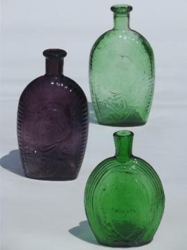 catalog photo of Wheaton vintage antique reproduction bottles, green & amethyst glass bottle lot