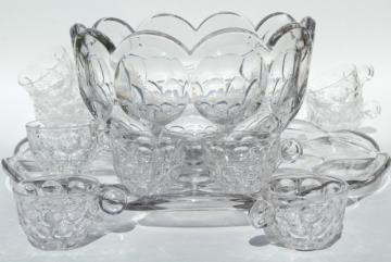 catalog photo of Whirlpool / Provincial pattern vintage heavy pressed glass punch bowl, cups, huge plate