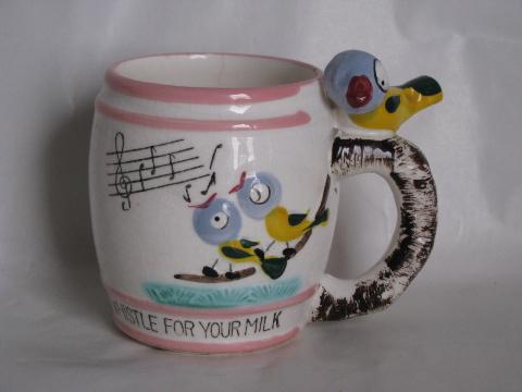 photo of Whistle for your Milk, vintage children's or baby mug, whistling bird #1