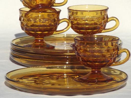 photo of Whitehall Colony glass cube snack sets cups & plates, retro amber gold glassware #2