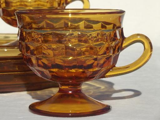 photo of Whitehall Colony glass cube snack sets cups & plates, retro amber gold glassware #3