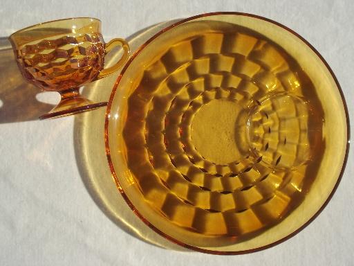 photo of Whitehall Colony glass cube snack sets cups & plates, retro amber gold glassware #4