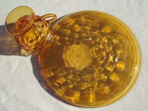photo of Whitehall Colony glass cube snack sets cups & plates, retro amber gold glassware #6