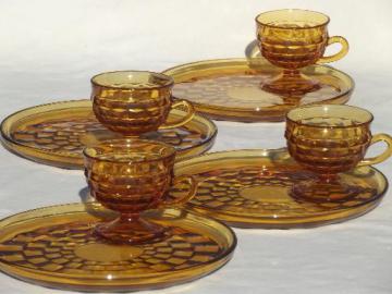 catalog photo of Whitehall Colony glass cube snack sets cups & plates, retro amber gold glassware