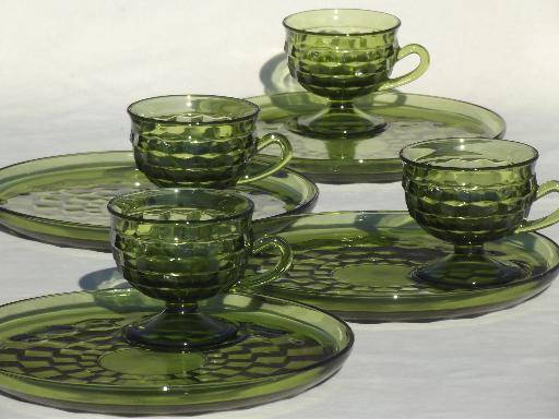 photo of Whitehall Colony glass cube snack sets cups & plates, retro avocado green glassware #1