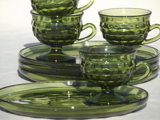 photo of Whitehall Colony glass cube snack sets cups & plates, retro avocado green glassware #2