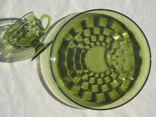 photo of Whitehall Colony glass cube snack sets cups & plates, retro avocado green glassware #3