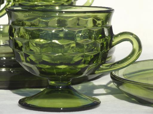 photo of Whitehall Colony glass cube snack sets cups & plates, retro avocado green glassware #5