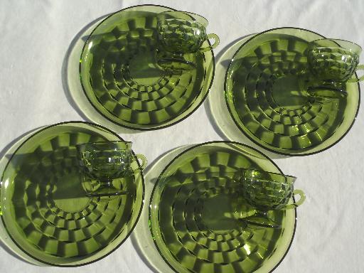 photo of Whitehall Colony glass cube snack sets cups & plates, retro avocado green glassware #6