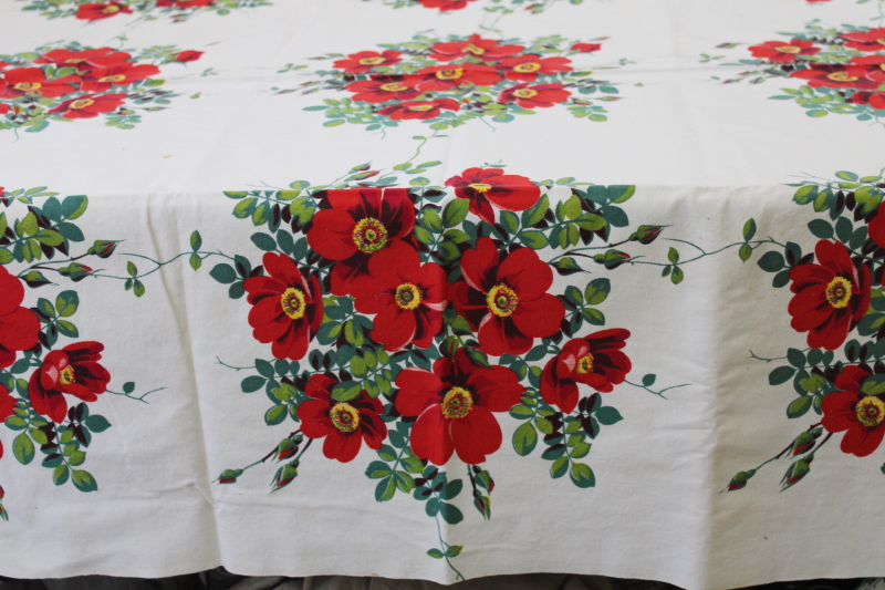 photo of Wilendure cotton tablecloth w/ red roses floral print, mid-century vintage #1