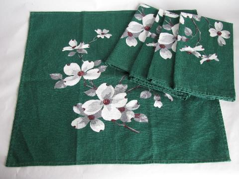 photo of Wilendure vintage cotton napkins for kitchen tablecloth, flowers on green print #1