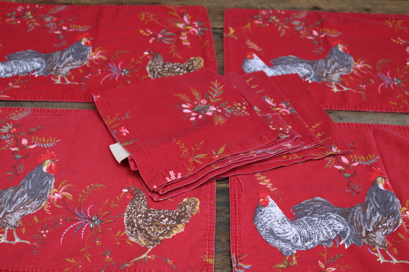 photo of Williams Sonoma Marc Lacaze roosters on red placemats & napkins set, french country style  #1