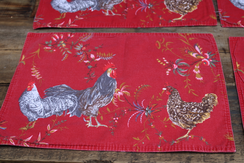 photo of Williams Sonoma Marc Lacaze roosters on red placemats & napkins set, french country style  #2