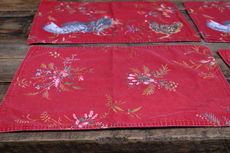 photo of Williams Sonoma Marc Lacaze roosters on red placemats & napkins set, french country style  #3