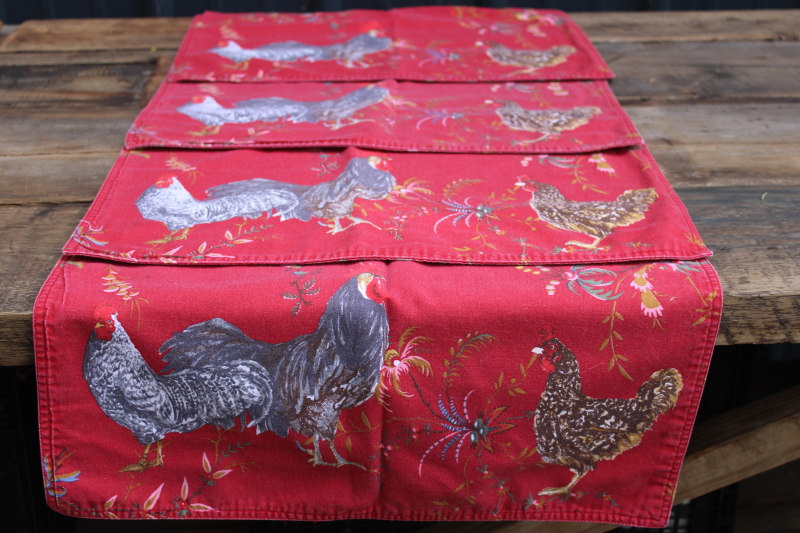 photo of Williams Sonoma Marc Lacaze roosters on red placemats & napkins set, french country style  #8